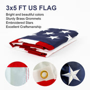 3x5 FT 210D Polyester American Flag;  Embroidered Stars;  Sewn Stripes;  Brass Grommets US Flag Outdoor USA Flags